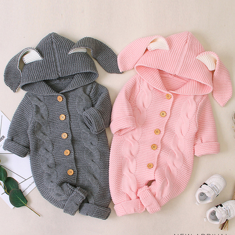 2022 New Infant Baby Boys Girls Rabbit Ears Hooded Rompers Clothes Children Baby Boy Girl Kids Knitting Long Sleeve Rompers ► Photo 1/6
