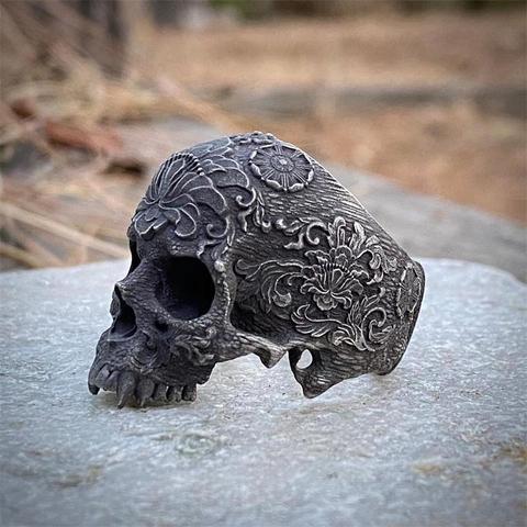 EYHIMD Unique Black Mens Flower Skull Ring 316L Stainless Steel Heavy Rings for Men Male Bijoux Punk Biker Fashion Party Jewelry ► Photo 1/3