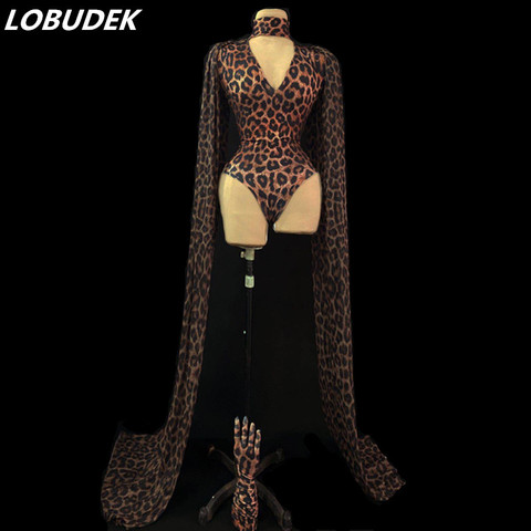 Fashion Leopard Pattern Hollow Bodysuit Gloves Shawl Printed Birthday Party Outfit Women Singer Dancer Performance Stage Costume ► Photo 1/6