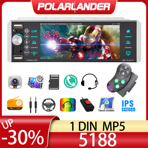 5188 1din Mp5 Player Touch Car Radio RDS AM FM 4-USB Bidirectional Interconnection  5.1 Inches Support Android 10 Mirrorlink ► Photo 1/6