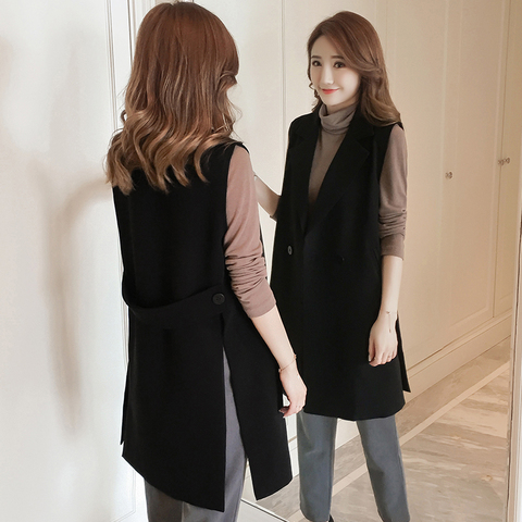 New Korean Fashion Split Long Women's Vest Spring Elegant Black Sleeveless Jacket Female Solid Cardigan Waistcoat Vests Colete ► Photo 1/6