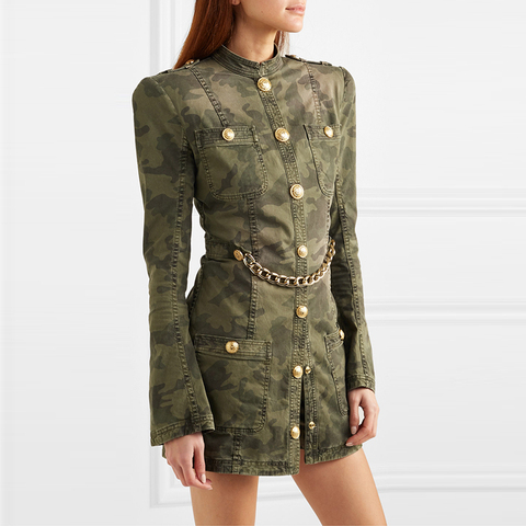 HIGH STREET 2022 Newest Stylish Designer Dress Women's Matel Chain Military Uniform Camo Cotton Dress ► Photo 1/6