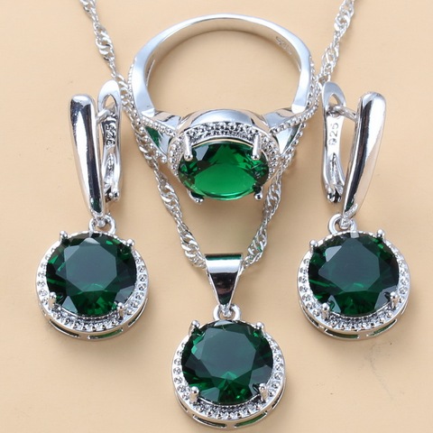 Silver 925 Trendy Jewelry Sets Round Green Cubic Zirconia Necklaces Pendants Earrings And Ring 3 Piece Sets For Women Costume ► Photo 1/6