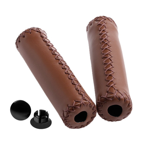 1Pair Brown Stitched Leather MTB BMX Road Mountain Cycling Bike Bicycle Handlebar End Grips ► Photo 1/6