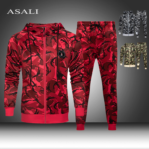 Male Camouflage Sweatshirts Jacket + Pants Sets 2022 Spring Autumn Camo Men Tracksuit Hooded Hoodie Set Mens Fitness 2 Pieces ► Photo 1/6