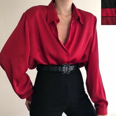 Women Button Blouses Turn Down Collar Shirts Office Lady Long Sleeve Casual Blouse Loose OL Shirt Baggy Tops Red/Wine Red /Black ► Photo 1/6