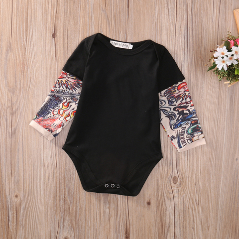 Summer cotton Newborn Baby Boy Bodysuit Clothes Tattoos Print Long Sleeve Bodysuit Jumpsuit Outfits Black Gray ► Photo 1/5