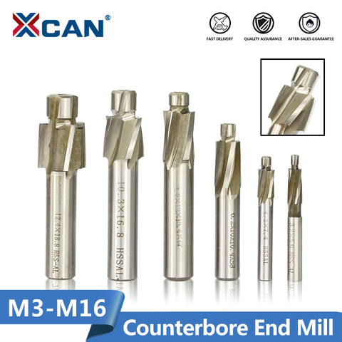 XCAN 1pc 4 Flute HSS Counterbore End Mill M3.2-M16.5 Pilot Slotting Tool Milling Cutter for Wood/Metal Drilling Counterbore Mill ► Photo 1/6