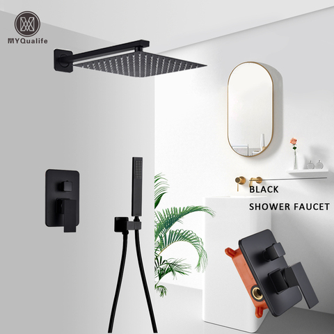 Matte Black Wall Mounted Bathroom Shower Rainfall  Shower Mixed Hot And Cold Water Mixer Tap Embedded Box Control Valve ► Photo 1/5