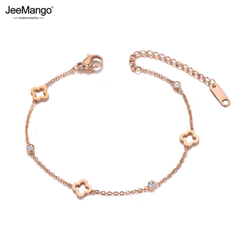 JeeMango Stainless Steel CZ Crystal Flower Plant Charm Bracelets For Women Girls Rose Gold Chain & Link Bracelet Jewelry JB19114 ► Photo 1/6