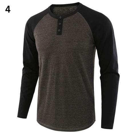 Casual Men Tshirts Autumn O Neck Long Raglan Sleeve Color Block T-shirt Buttons Pullover Tees Men's Clothing Футболка ► Photo 1/6