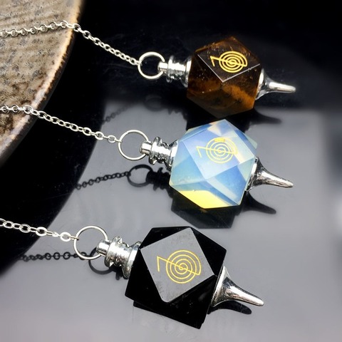 Natural Reiki Chakra Symbol Carving Stone Pendulum for Biolocation Amulet Pendant Chain Quartz Crystal Pendulo Divination Tool ► Photo 1/6