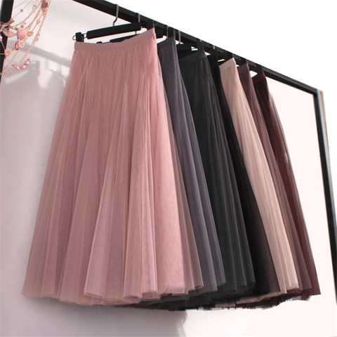 Plus Size High Waist Tulle Skirts Womens Long Pleated Skirt Black Pink Elegant Maxi Skirt Female Spring Summer Korean Mesh Skirt ► Photo 1/6