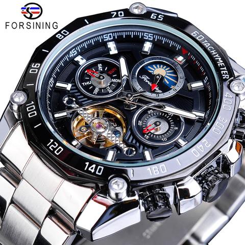 Forsining Brand Black Male Mechanical Watches Automatic Multifunction Tourbillon Moon Phase Date Racing Sport Steel Band Relogio ► Photo 1/6