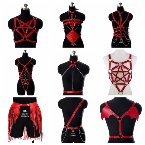 Red Lingerie Leather Harness Belt Chain Punk Fashion Street Bondage Top Chest Pentagram Sexy Suspender Adjustable Club Dance ► Photo 1/6