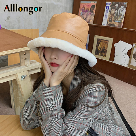 Winter Leather Faux Fur Bucket Hat Women New Autumn 2022 Black Bob Chapeau Femme Gorro Pescador Mujer Fisherman Cap Wholesale ► Photo 1/6