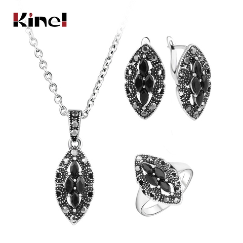 KineL 2022 NEW Fashion Vintage Turkey Bridal Jewelry Set For Women Antique Silver Plated Wedding Earrings Necklace Ring Sets ► Photo 1/6