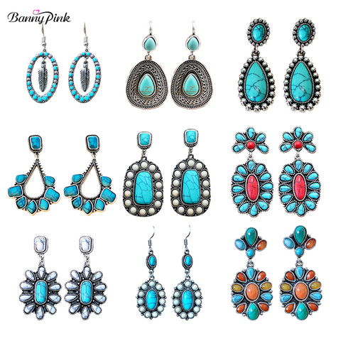 Banny Pink Bohemia Turquoises Earrings For Women Ethnic Stone Cluster Studs Earrings Vintage  Geo Statement Post Earrings Brinco ► Photo 1/6