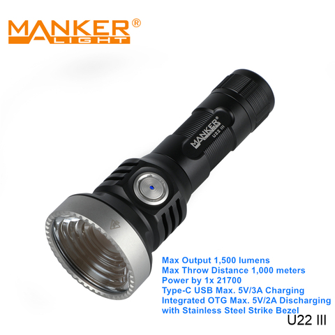 Manker U22III 21700 Powerful Outdoor LED Flashlight Type C USB Charging Discharging Torchlight with Self Defense SS Strike Bezel ► Photo 1/6