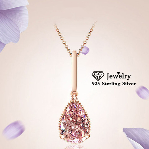 CC Pendants For Women S925 Silver Water Drop Cubic Zirconia Pink Necklace Pendant Bridal Wedding Fine Jewelry No Chain CCN285 ► Photo 1/6