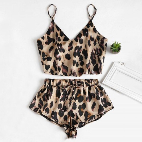 MIARHB Leopard Sleepwear on for Women Sexy Sleepwear Satin Lingerie Lace Nightwear Tops Shorts Set Female Underwear Lingeire ► Photo 1/6