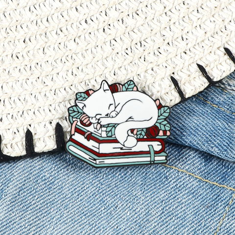 Cat Reading Book Enamel Pin Cartoon Sleeping Kitten Brooches Cute Book Lover Animals Badge Bag Clothes Lapel Pins Jewelry Gifts ► Photo 1/6