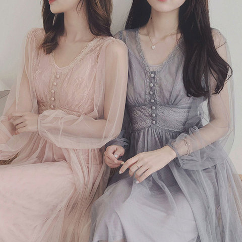 Fall 2022 Brand New Women Dress V-neck Puff Sleeve Mesh Midi Dress Plus Size Fairy Tulle Lace Dress Elegant Long Dress Vestidos ► Photo 1/6