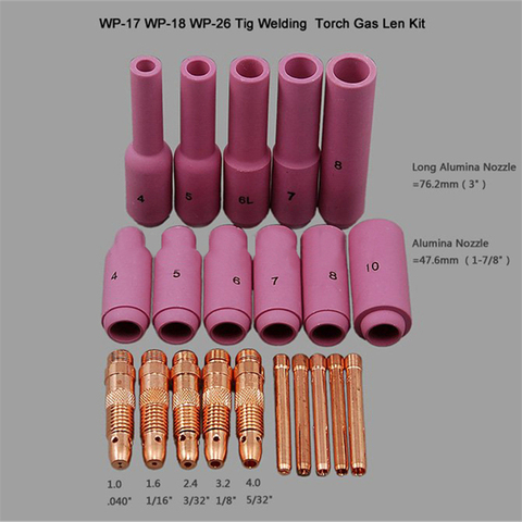 TIG Accessories KIT Long Alumina GAS Lens Nozzle & Collets Bodies Fit TIG TIG Welding Torch WP SR 17 18 26 Series 21PK ► Photo 1/2