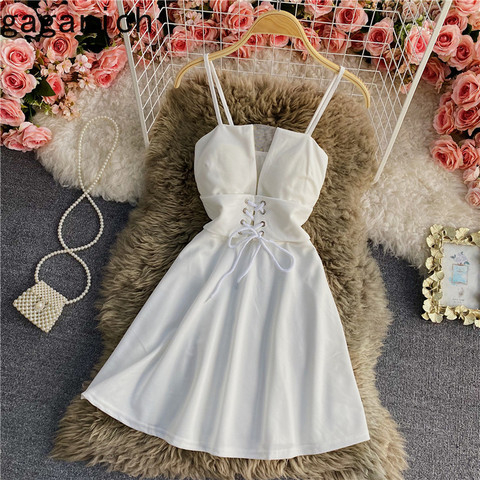 Gagarich Women Dresses 2022 Summer Korean Chic Ladies Solid Color Sexy Square Collar Open Back Lace-Up Suspender Vestidos ► Photo 1/6