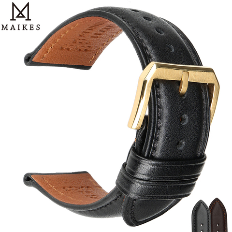 MAIKES Black Calfskin Leather Watchband Soft Material Wrist Strap 18mm-24mm With Gold Stainless Steel Buckle New ► Photo 1/6