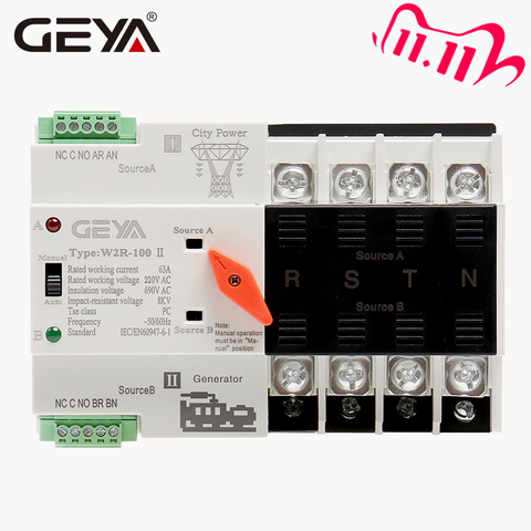 GEYA W2R Mini ATS 4P Automatic Transfer Switch Controller Electrical Type ATS Max 100A 4POLE Din Rail Electric Switch ► Photo 1/6