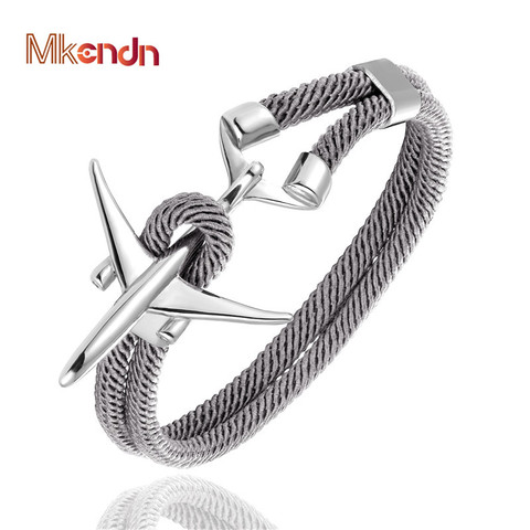 MKENDN Fashion Stainless Steel Airplane Glider Anchor Rope Leather flight Bracelets Men Women aviator Style ► Photo 1/6