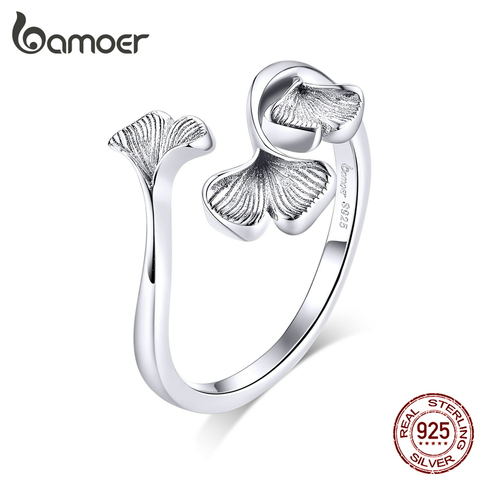 bamoer Silver 925 Design Ginkgo Leaf  Finger Rings for Women Vintage Bijoux 925 Sterling Silver Trendy Wedding Jewelry BSR097 ► Photo 1/6