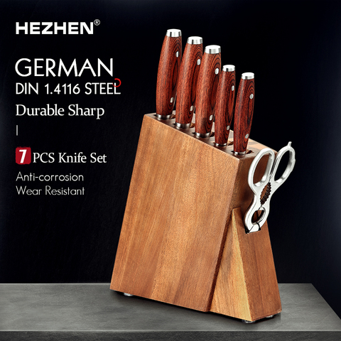 HEZHEN 7PC Knife Set Pakka Wood Handle Stainless Steel Rivet Carving Chef Santoku Walnut scissors Knife holder Kitchen Tool ► Photo 1/6