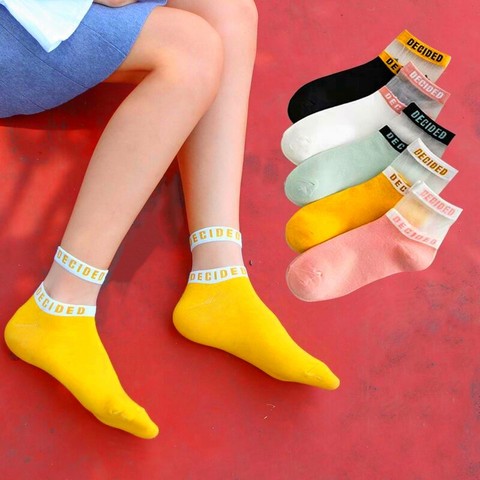 5 Pairs Summer Transparent Letter Patterned Socks Women Hollow Out Cotton Short Socks Thin Casual Ankle Socks Female Comfort Sox ► Photo 1/6