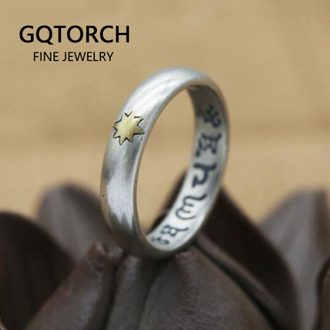 Genuine 925 Sterling Silver For Men And Women Lovers Six Words Engraved Star Vintage Punk Thai Silver Mantra Ring ► Photo 1/5