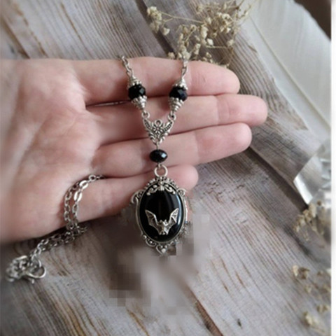 Gothic Vampire Bat Sweater Necklace Silver plated Framed Bat Cameo Necklace Halloween Witch Crystal Necklace Gift for Bat Lover ► Photo 1/6