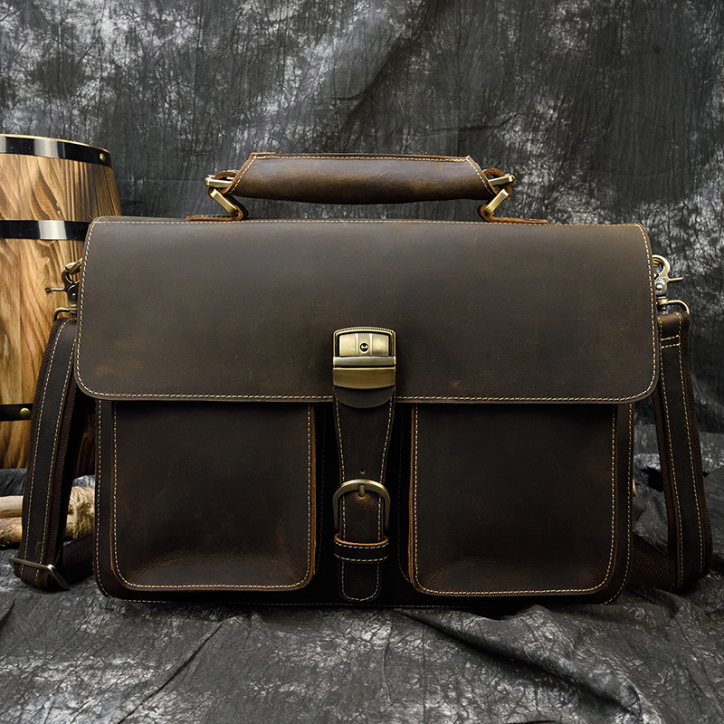 MUMUWU Mens Shoulder Bag Vintage Leather Bag Oil Wax Leather Business Bag Briefcase Large Leather Handbag 17 Inch Computer Bag Over The Shoulder Bag for Men Color : Brown, Size : L