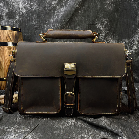 MAHEU Luxury Fashion 100% Genuine Leather Men Briefcase Cow Leather Laptop Bag Vintage Shoulder Bag Real Cowhide Computer Bag ► Photo 1/6