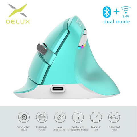 Delux M618 Mini Bluetooth 4.0 Silent click Wireless Mouse 2400 DPI Ergonomic Rechargeable Vertical Mice with USB 2.4GHz Mode ► Photo 1/6