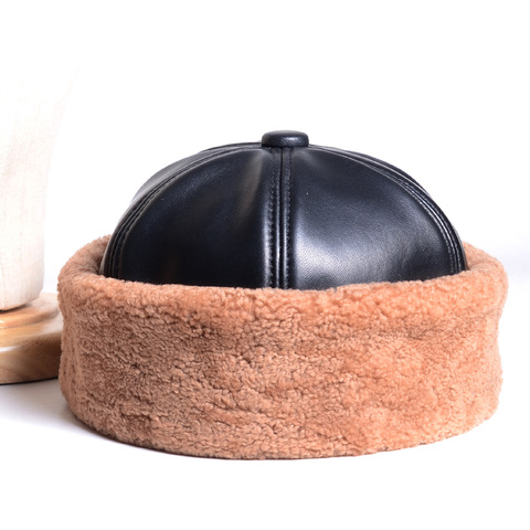 Men's Women's  Real Leather Real Fur  Winter Warm Thick lining Skullcap Beanies Beret Round Hat Brimless Caps/Hats ► Photo 1/6