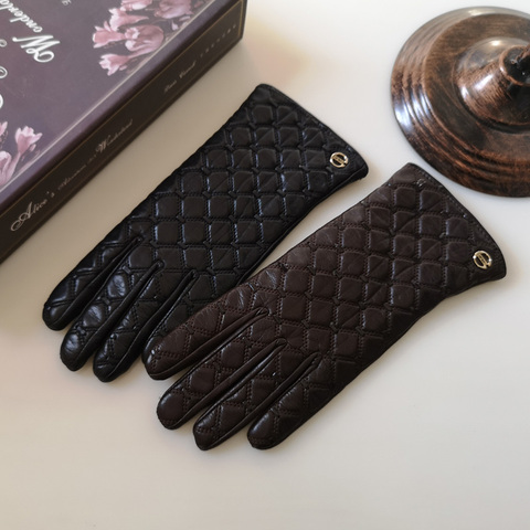 Imported High-End Women's Real Leather Gloves Thin Keep Warm Diamond Weave Sheepskin Gloves Spring Autumn EL037NN ► Photo 1/1