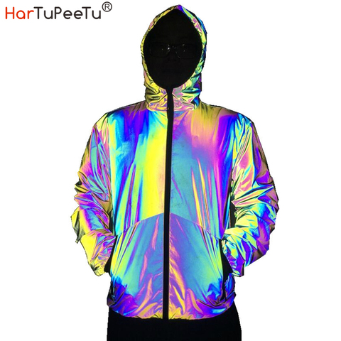 Rainbow Color Men Reflective Light Jackets Autumn Colourful Hooded Coat Windbreak Pockets Zip Hip Hop Rock Outwear Drop Shipping ► Photo 1/6