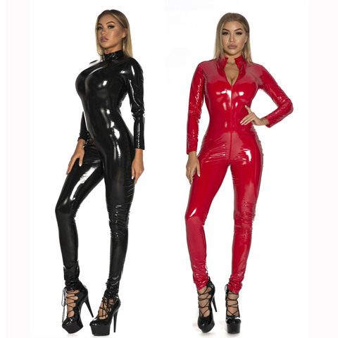 Latex Catsuit Faux Leather Women Jumpsuits Black wetlook PVC Bodysuit Sexy Bodycon Erotic Open Crotch Costume clubwear ► Photo 1/5