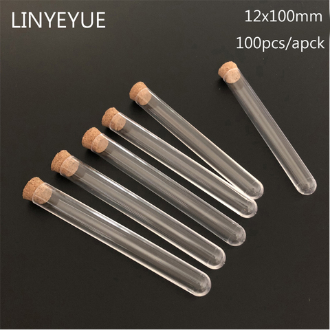 100pcs/lot 12*100mm Clear Plastic Test tube with Cork Transparent Test-tube ► Photo 1/5