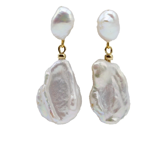 Fashionable ladies earrings, white baroque pearls, flat coin shape, short earrings, pearl earrings ► Photo 1/6