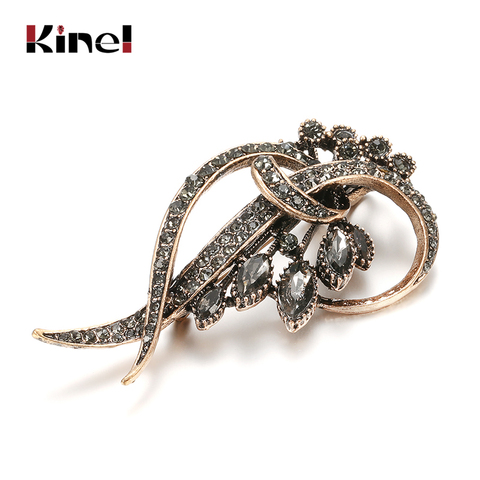 Kinel 2022 Fashion Vintage Gray Crystal Flower Women Brooch Pin Gold Color Arabesque Rhinestone Boho Brooch Lapel Scarf Broches ► Photo 1/6