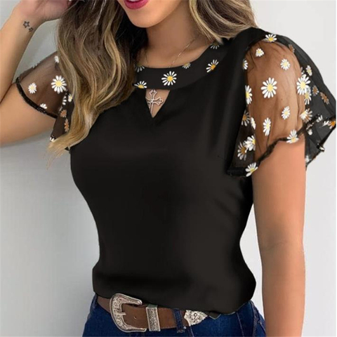 Women Ruffles Short Sleeve T-Shirt Summer Fashion Casual Flower Embroidery Cutout Mesh Sheer Tops Slim Vintage Pullover Tee ► Photo 1/6