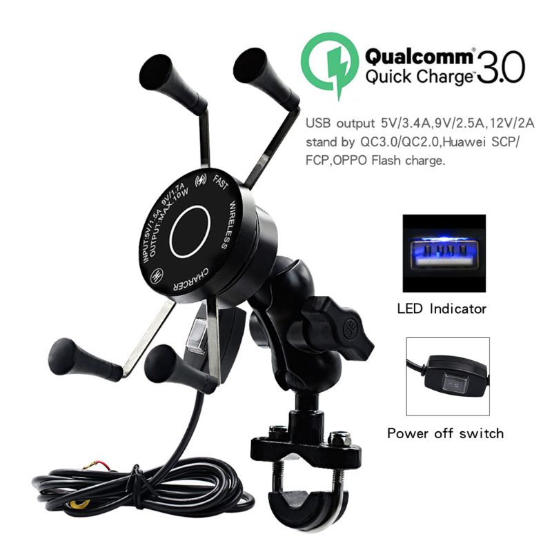 Motorcycle Handlebar Cell Phone Holder Metal Mount USB Charger QC3.0 Fast Charge