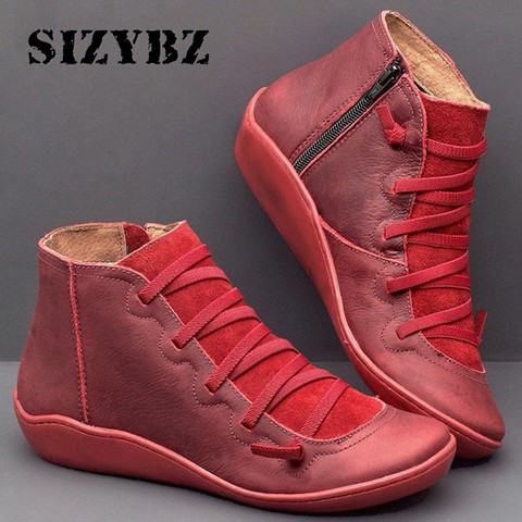 Hot Women PU Leather Ankle Boots Women Autumn Winter Cross Strappy Vintage Women Punk Boots Flat Ladies Shoes Woman Botas Mujer ► Photo 1/6